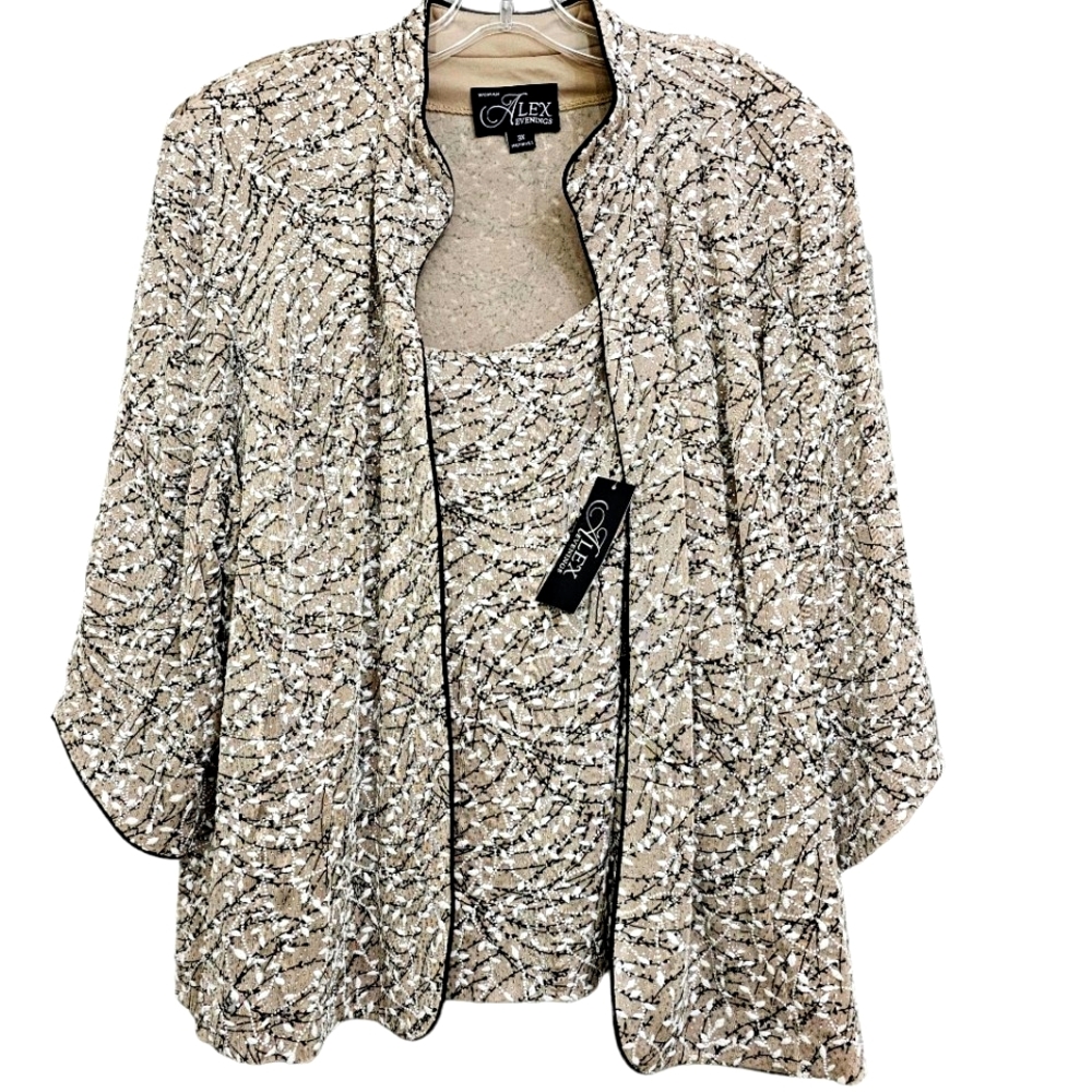 Nwt Alex Evenings Woman 2 PC Taupe/Black/White Silver Shimmer Knit Blous…